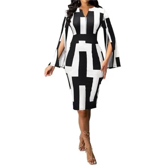 Dresses | Women Long Sleeve Business Dresses Stretchy And Pencil Midi Dress  | Poshmark